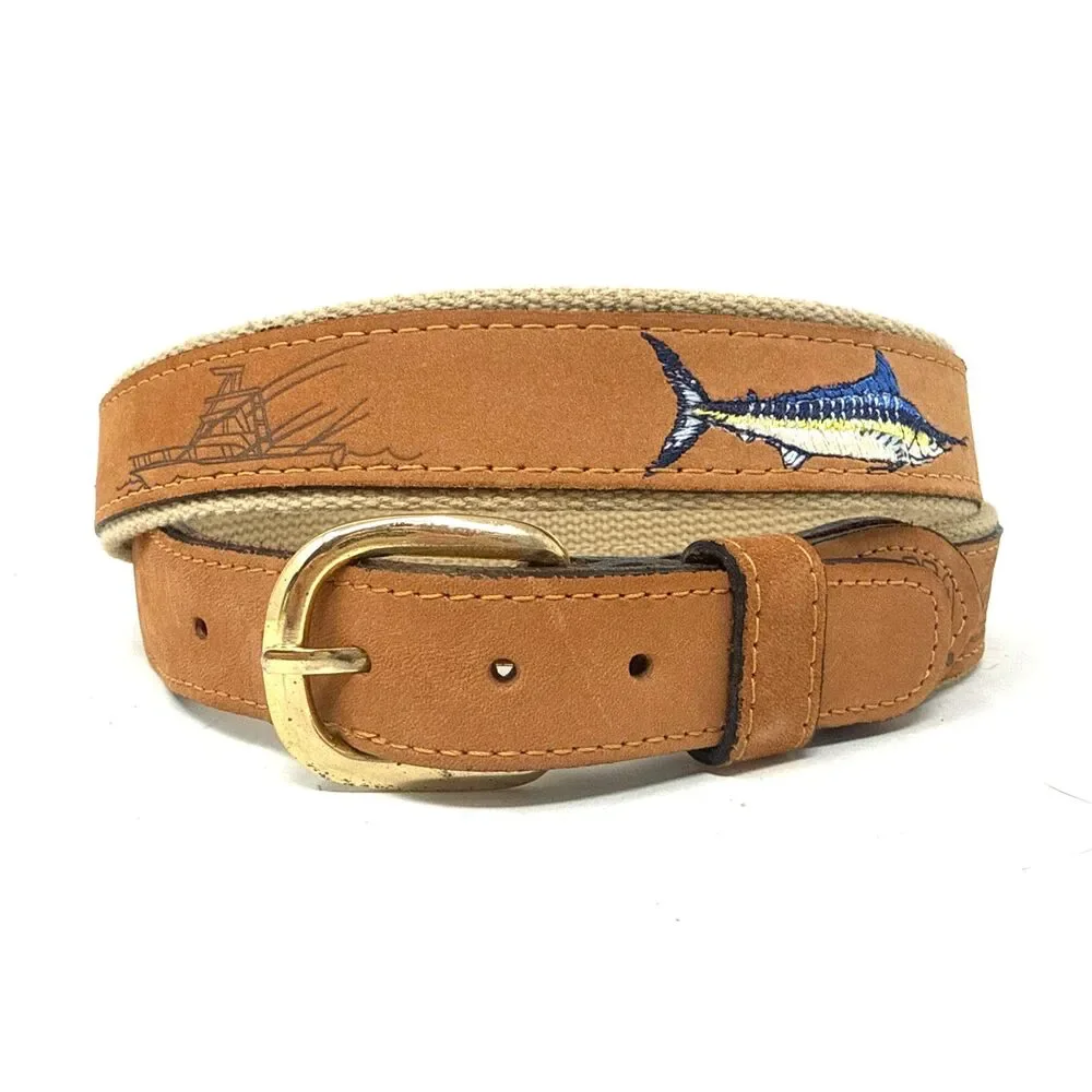 Zep Pro Leather Embroidered Marlin Belt Mens Sz 42 Tan Buff Emboss Fishing Boat